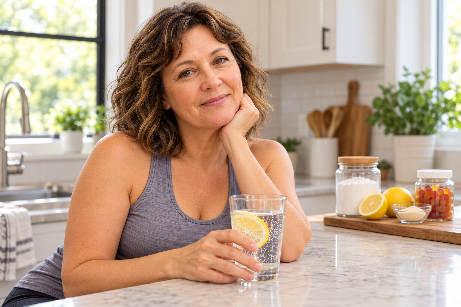 Lisa smiling in a bright kitchen, wearing fitness clothing, with styled highlighted hair, lemon, baking soda, gelatin, gummy supplements, and a glass with bubbles.